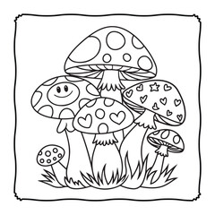 Cute and Cozy Coloring page, Bold and easy Coloring Page, Mushroom coloring page, line art, black and white image