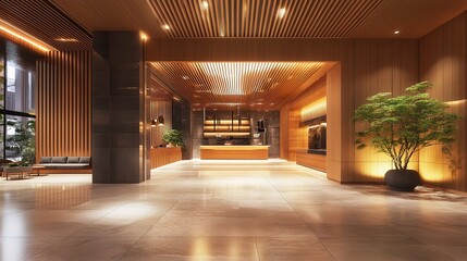 Fototapeta premium Modern Lobby with Warm Ambiance: A sleek, modern lobby space designed with warm wood tones and soft lighting, creating a welcoming and sophisticated atmosphere.