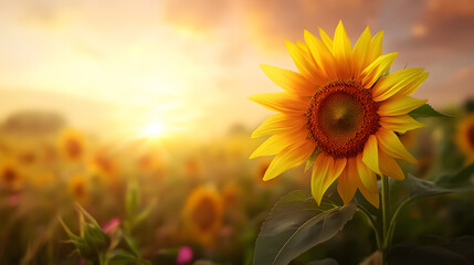 Obraz premium A sunflower in a meadow illuminated by the setting sun.