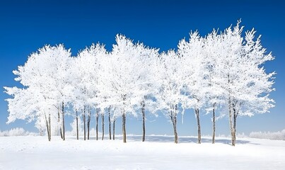 Frosty winter trees in snowy field under a vibrant blue sky.