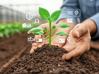 Hands Nurturing a Young Green Plant with Digital Icons Representing Agriculture Technology and Sustainable Farming Practices in Modern Greenhouse Environment