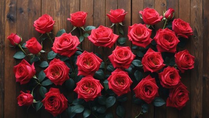 Roses in rich red set against rustic wood