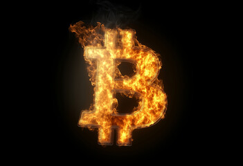 A striking design featuring a glowing Bitcoin "B" symbol in the center, surrounded by fiery flames, set against a solid black background. Perfect for showcasing the power and energy of cryptocurrency