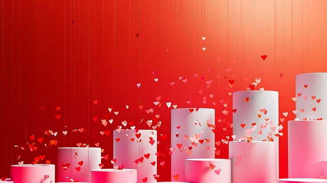 Multiple white podiums arranged at varying heights, adorned with scattered red hearts, all framed by a bold red background with a smooth gradient effect