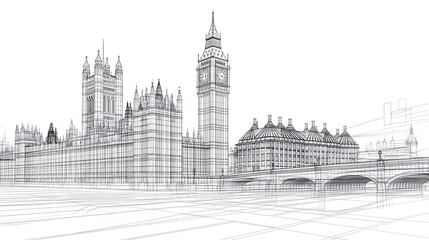 Obraz premium 3D wireframe illustration of London city featuring Big Ben Tower. concept for such as architectural design, cityscape visualization, urban planning, tourism or modern engineering.