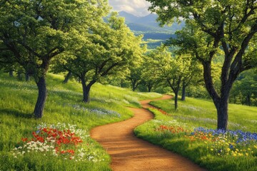 Obraz premium Serene Pathway Through a Lush Orchard with Blooming Wildflowers in Vibrant Colors