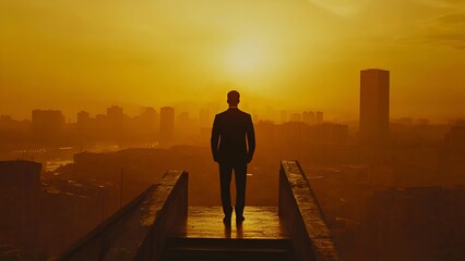 Silhouette of a Man in Suit Contemplating Cityscape During Sunset