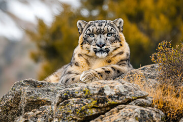 Fototapeta premium Snow leopard in the mountains in winter