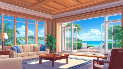 Fototapeta premium A bright, airy living room with ocean views and tropical plant.