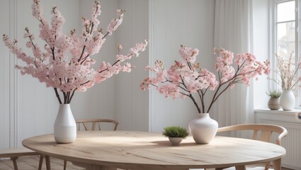 Scandinavian minimalist spring decor with sakura blossoms
