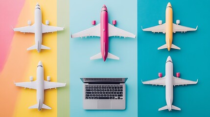 A row of passenger airplanes and laptop arranged on colourful background cardboard