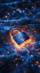 Padlock glows amidst blue, orange sparkles.