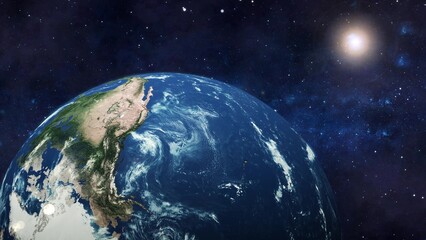 3d realistic Earth planet view glowing sun