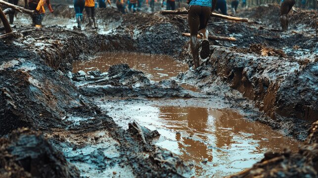 Workers in muddy terrain during a challenging outdoor construction project