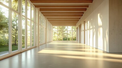 Fototapeta premium Sunlit Modern Interior: A spacious, minimalist interior design bathed in warm sunlight streaming through expansive floor-to-ceiling windows, creating a serene and inviting atmosphere.