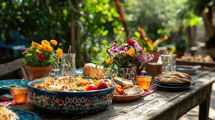 Fototapeta premium Vibrant Outdoor Dining Setup with Delicious Food and Fresh Flowers