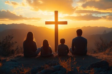 Family sits on hilltop during golden hour. Cross in background with mountain range view. Peaceful religious family moment. Sunset sky, mountains create beautiful scenery. Family looks at cross,