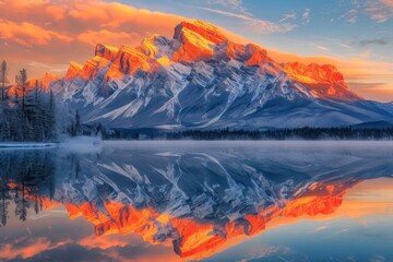 Naklejka premium Early morning light casts an orange glow on the mountain peaks surrounding Lake M, creating a stunning reflection on the calm waters as the new day begins