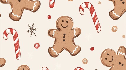 Festive pattern featuring gingerbread men and candy canes.