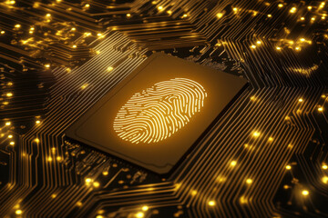 Fototapeta premium Fingerprint authentication on a glowing microchip circuit background