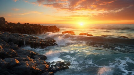 Fototapeta premium A photo of a beach sunset with a rocky coastline