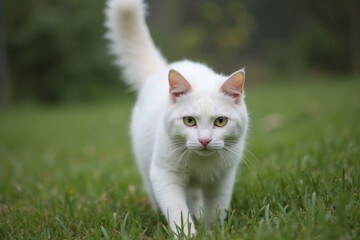Green-Eyed Feline Curiosity in a Blurred Grass Background