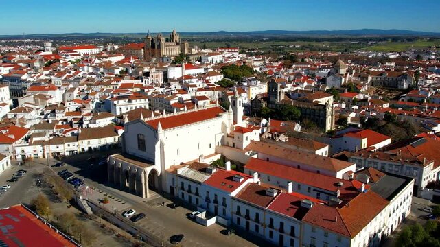 Portugal travel,  medieval Evora town Unesco heritage site. Aerial view 4k hd drone video of down town and cathedrals