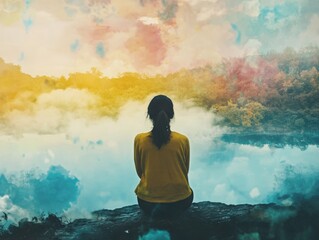 Obraz premium person sitting facing away from camera looking at sky over a lake