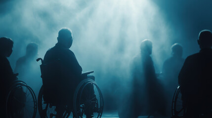 Naklejka premium Silhouetted group of elderly men in wheelchairs under atmospheric blue lighting