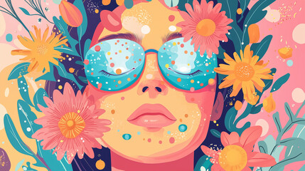 Whimsical cartoon of person with watery eyes and allergens