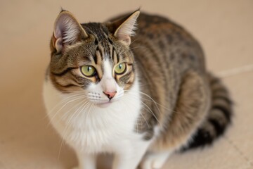 Gaze of Green: A Brown and White Cat on Beige