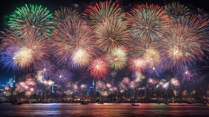 Fototapeta premium Cityscape fireworks display over water