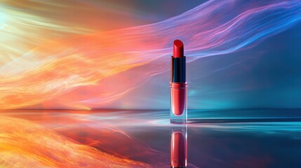 Vibrant Red Lipstick Standing Out Against a Colorful Abstract Background with Reflection for Beauty and Makeup Advertising