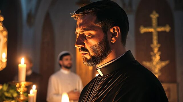 A man in clerical attire praying, surrounded by soft candlelight in a serene church environment