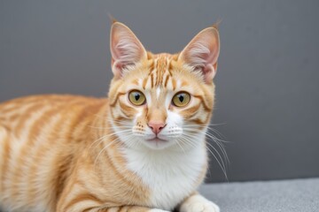Relaxed Orange Cat with White Patches Gazing Comfortably on a Gray Surface