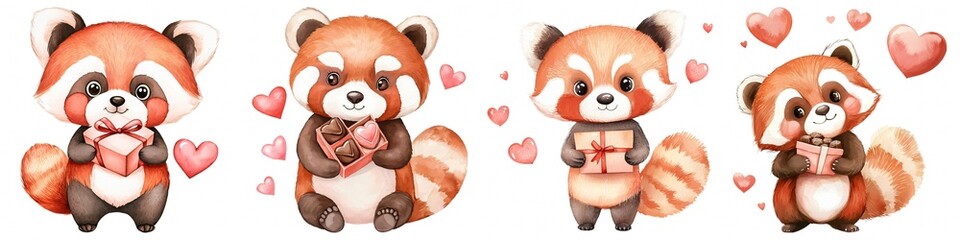 Fototapeta premium Four cute red pandas hold gifts and love hearts, expressing affection in an adorable and playful style.