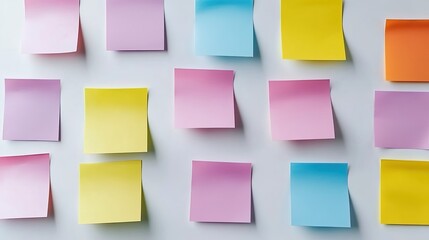 Fototapeta premium A white wall with several colored sticky notes, representing the concept of copying and pasting information on it.
