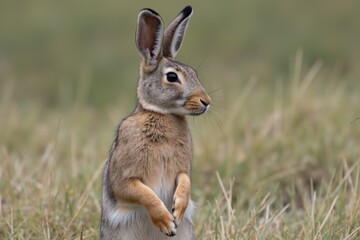 Alert Hare on Hind Legs, Blending into Nature