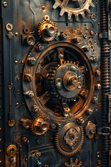 Fototapeta premium Intricate clockwork lock mechanism design industrial workshop close-up photography steampunk aesthetic