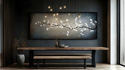 Rustic dining room with cherry blossom wall art and wood table