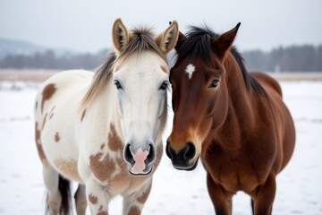 Obraz premium Snowy Connection: Two Horses in White and Brown