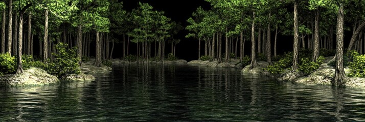Obraz premium Serene Forest Reflections at Night A Tranquil Landscape Under Starry Skies