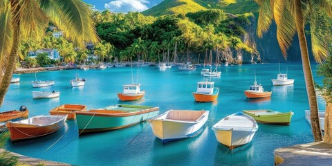 Obraz premium Tropical bay boats calm water idyllic island paradise vacation