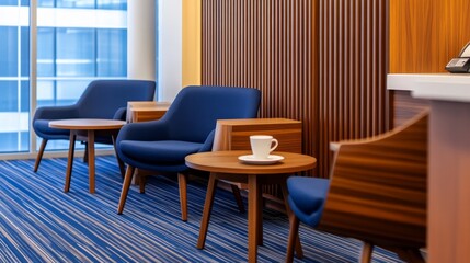 A modern lounge area featuring stylish chairs and tables, ideal for relaxation or meetings.