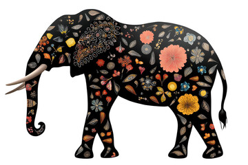 Fototapeta premium Intricate floral patterns embellish the silhouette of an elephant, creating a captivating visual with transparent background