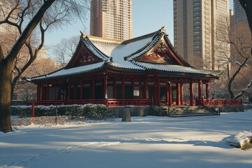 Fototapeta premium Urban Winter Scene with Chinese Architecture