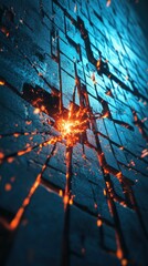 Fiery eruption through fractured, blue blocks.