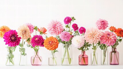 Obraz premium Colorful Arrangement of Pink and Orange Dahlias in Vases