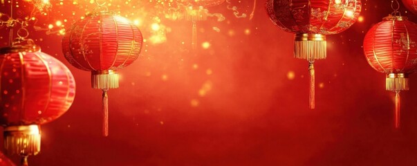 Festive Red Lanterns Chinese New Year Lights Gold Accents Celebration