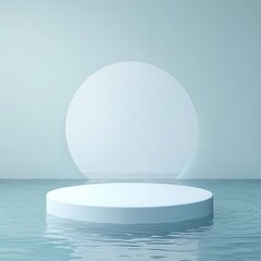 Serene Minimalist Platform on Calm Water:  A Tranquil 3D Render of a Cylindrical Display